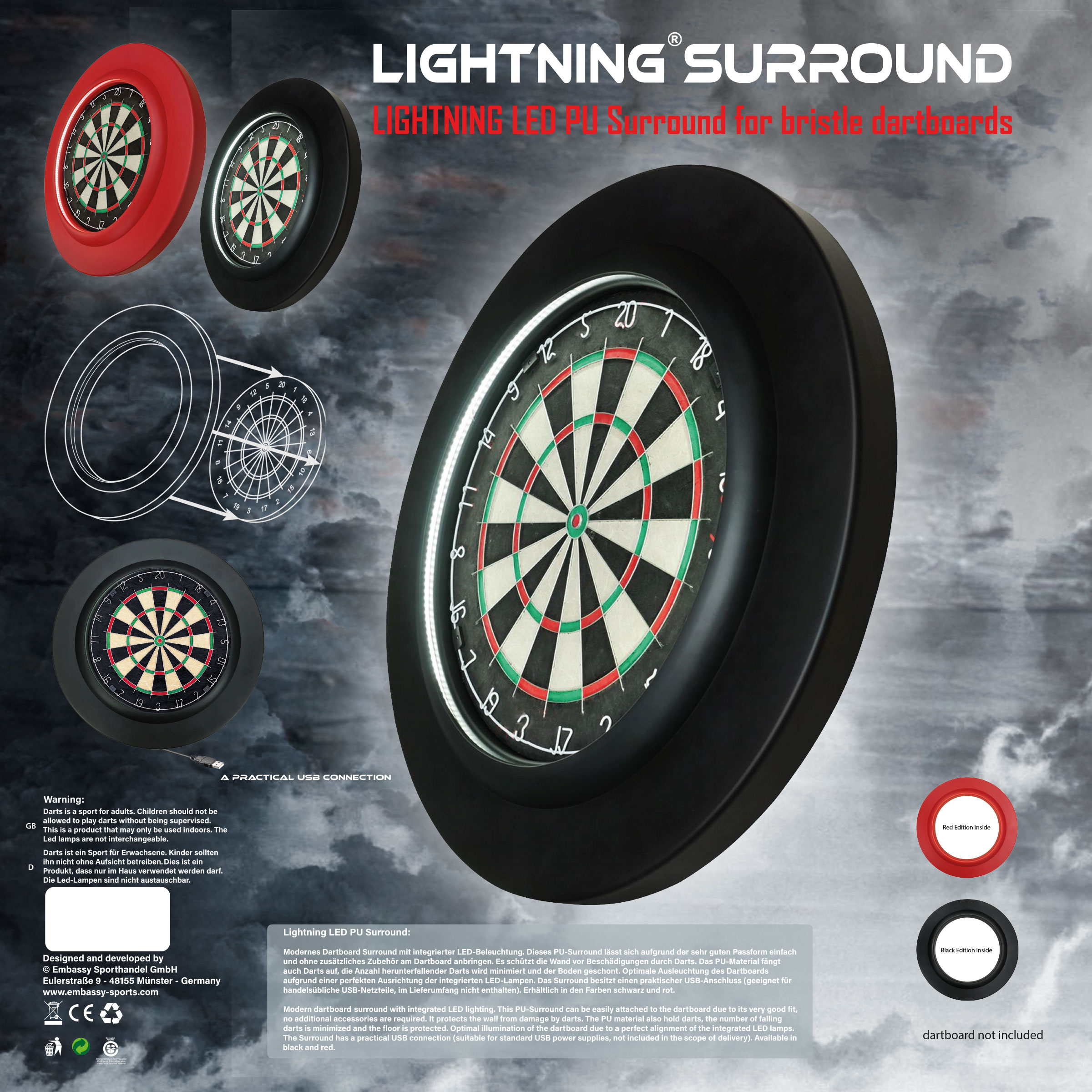 OŚWIETLENIE LED DO TARCZY DART + OCHRONA ŚCIANY 2w1 Lightning LED Czarne